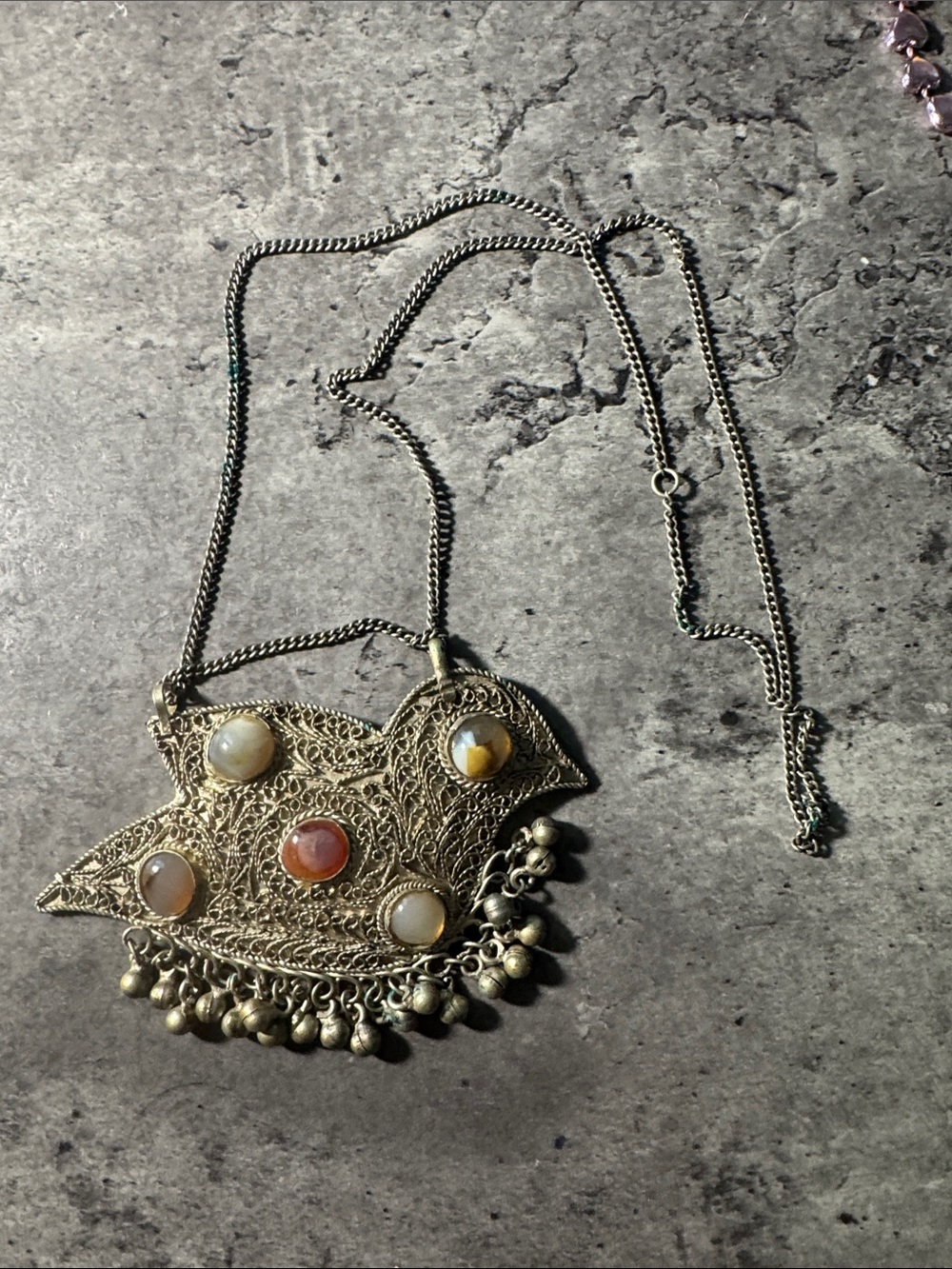 Vintage Silver Tone Filigree Pendant Necklace with Multicolor Gem Accents